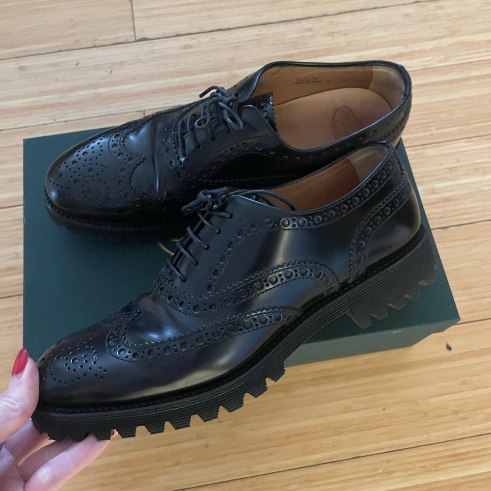 Church’s Women Burwood Black Leather Brogues with Lug Heel